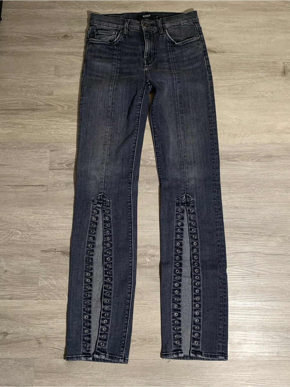 Hudson “Nico Straight” Jeans Straight-Leg Dark Blue/Gray Grommet-Trim Jeans